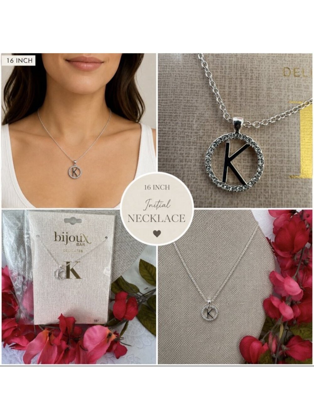 Bijoux Delicates Silvertone Chain Charm Initial K Statement 16" Necklace NEW
